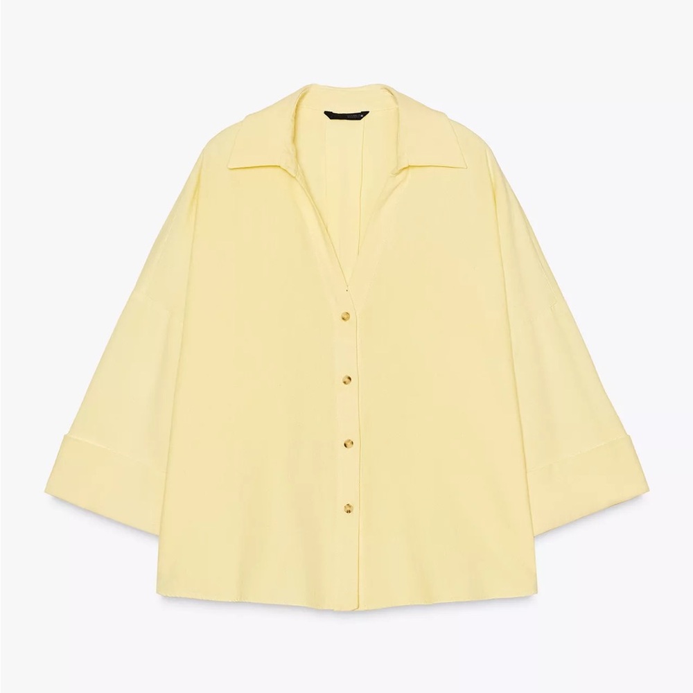 Zara butter Yellow linen wide sleeve Button-Up Shirt — BRAND NEW